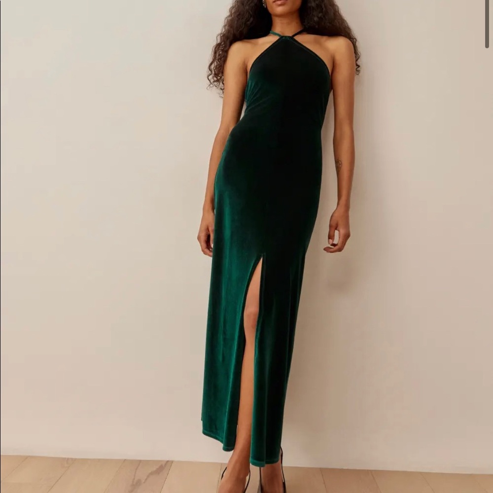 Reformation Nyla dress in emerald green velvet